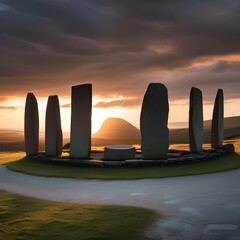 An ancient Celtic stone circle set against a dramatic sunset1