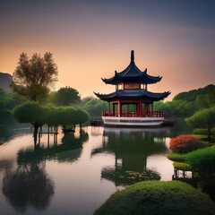 A traditional Chinese pagoda set amidst serene water gardens1