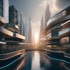 A futuristic cityscape with floating buildings and levitating platforms2