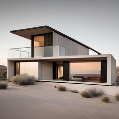 A sleek, minimalist desert residence blending into the sandy landscape3 - obrazy, fototapety, plakaty