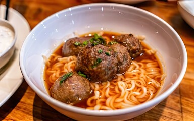 Fototapeta premium Meatballs with hot noodles served in a bowl in a restaurant