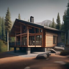 A Scandinavian-style log cabin nestled in a pine forest2 - obrazy, fototapety, plakaty
