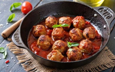 meatballs with tomato sauce in a frying pan