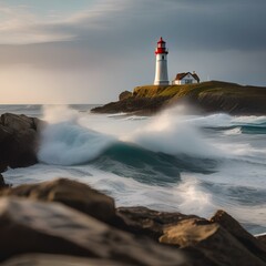 A quaint coastal lighthouse standing against crashing waves2