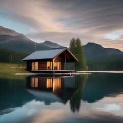 Fototapeta premium A Scandinavian-style wooden cabin overlooking a serene lake2