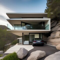 A modernist residence cantilevered over a rocky cliff3 - obrazy, fototapety, plakaty