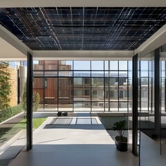 A modernist office building with a rooftop solar panel array3