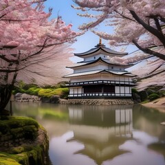 A traditional Japanese castle surrounded by cherry blossom trees3