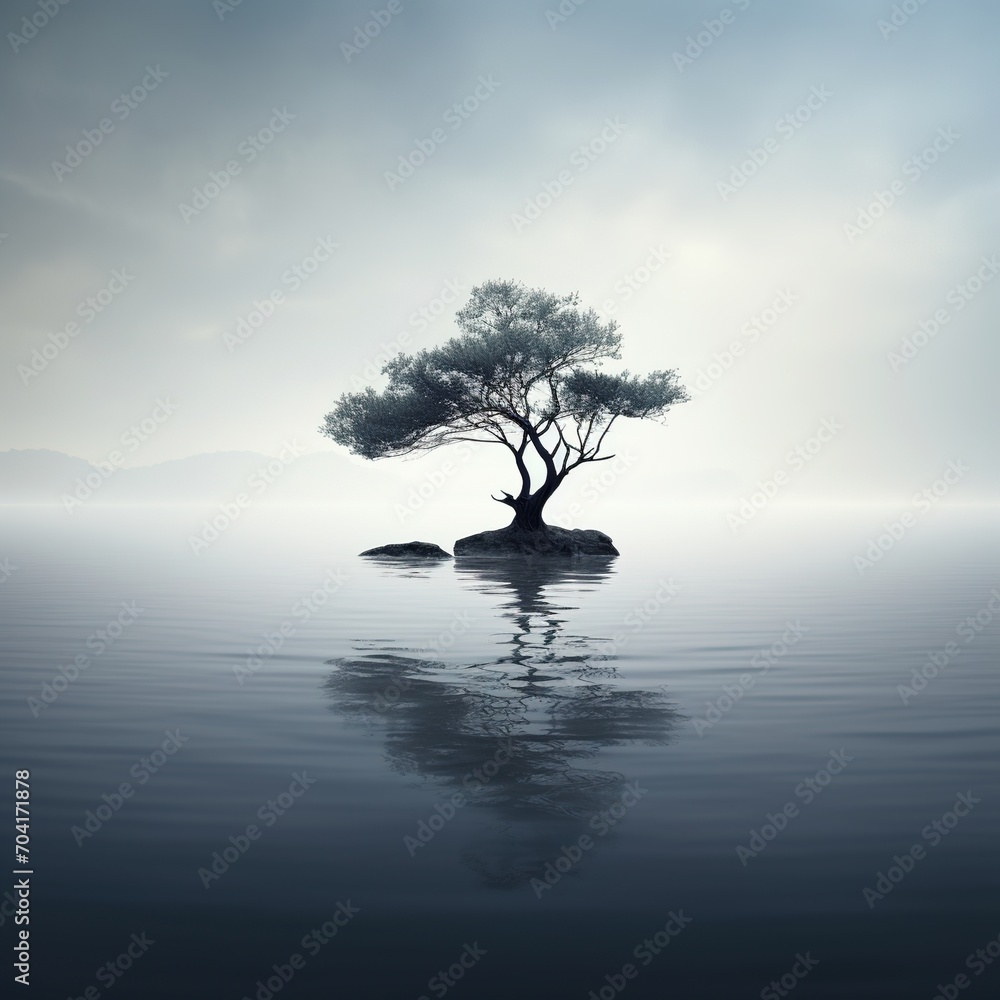 Poster tree in the middle of the lake with foggy background