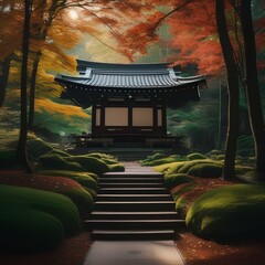 A traditional Japanese shrine nestled in a serene forest grove1 - obrazy, fototapety, plakaty