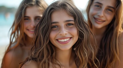 Pretty smiling  teenage girls posing at the beach looking at the camera