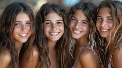 Pretty smiling  teenage girls posing at the beach looking at the camera