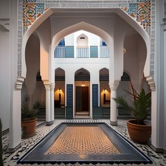 A Moroccan riad with a central courtyard and intricate tile work2