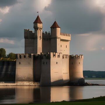 A medieval fortress with towering walls and a drawbridge3
