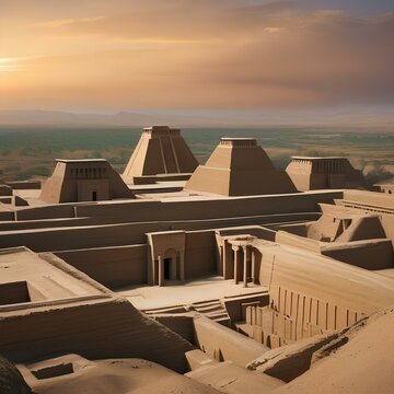 An ancient Mesopotamian city with towering ziggurats and ancient ruins1