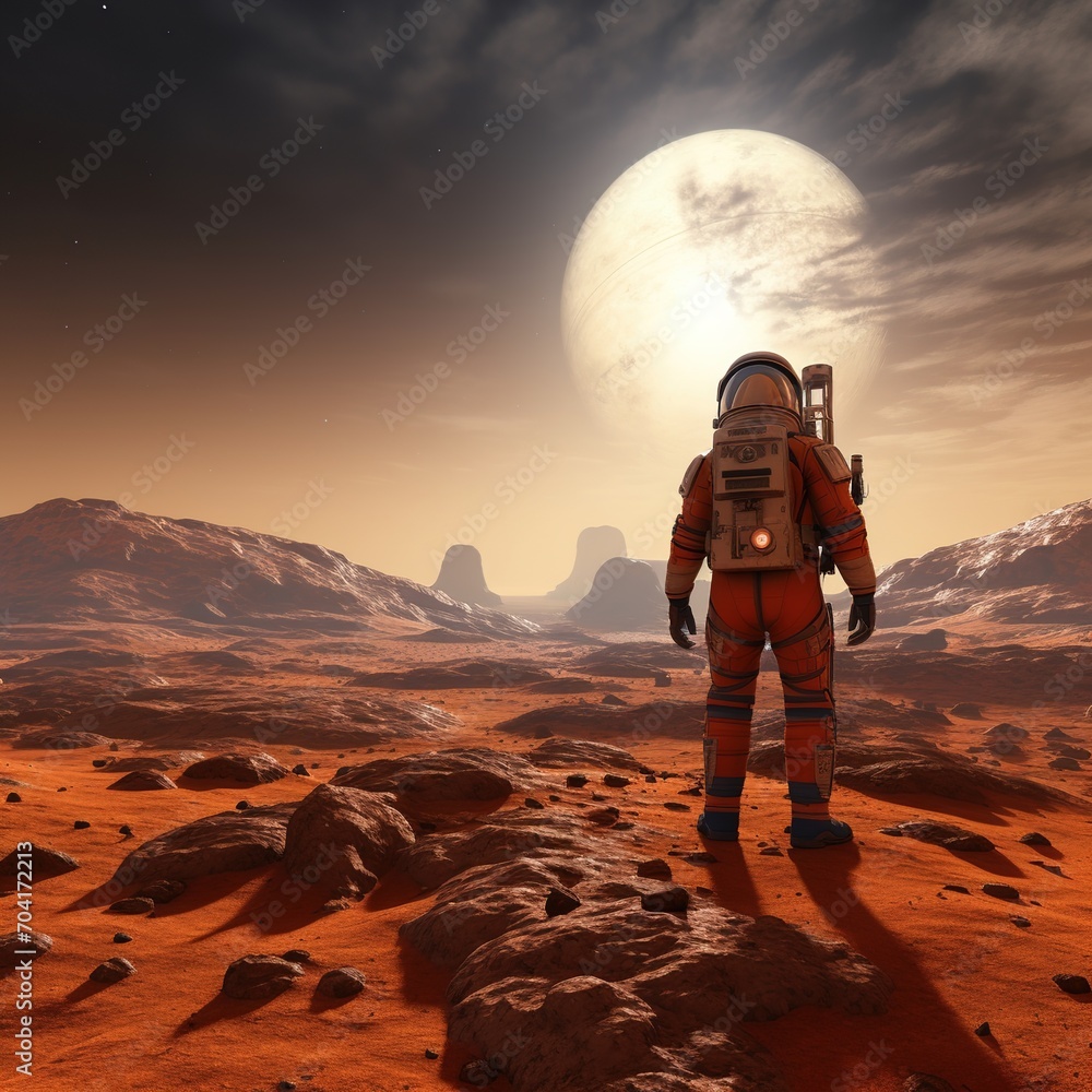 Poster astronaut in a spacesuit standing on the surface of mars