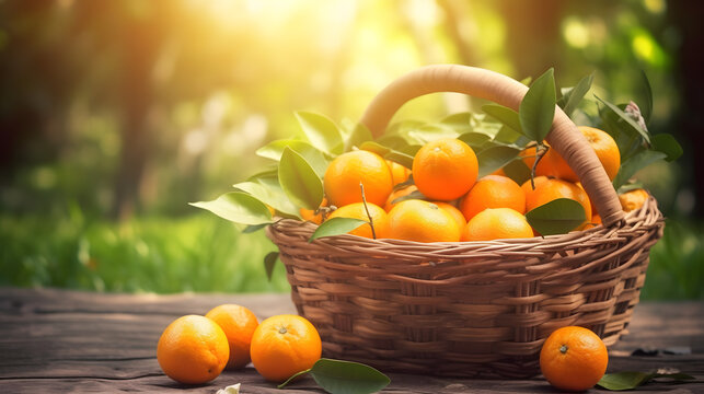 Organic ripe orange tangerine crop or citrus harvest in basket on wood against sunny garden background