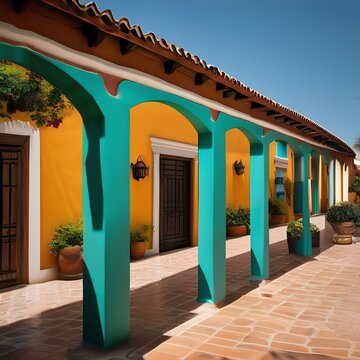 A traditional Mexican hacienda with colorful courtyards and arcades1