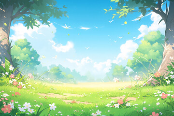 Beautiful spring outdoor landscape cartoon illustration, Beginning of Spring festival concept illustration background