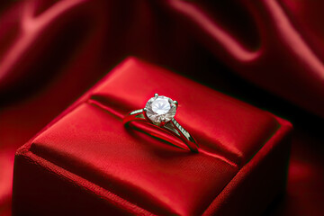 Engagement Ring on Red Velvet Jewelry Box A close-up, Valentines day