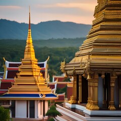 A traditional Thai temple complex with ornate spires and golden decorations3 - obrazy, fototapety, plakaty