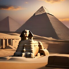 An ancient Egyptian pyramid complex with hieroglyphs and sphinxes1 - obrazy, fototapety, plakaty