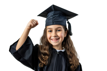 The young girl holds her fist up. Smiling. graduation clothes. white background isolated PNG