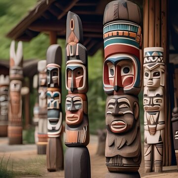 A traditional Native American totem pole village with carved figures1