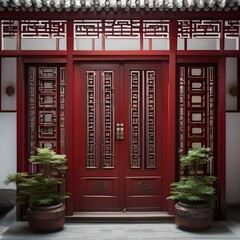 Obraz premium A traditional Chinese courtyard house with red lacquered doors and intricate wood carvings1
