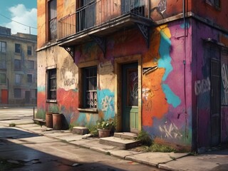 Colorful graffiti painted on the wall of an old building
