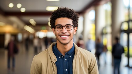 Fototapeta premium Portrait of a smiling young man with curly hair wearing glasses