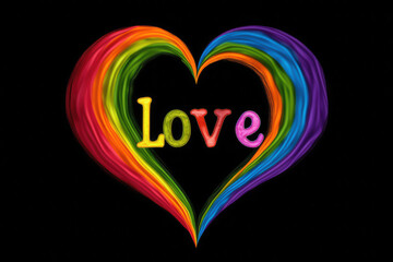 Rainbow heart with love and pride text over rainbow colors