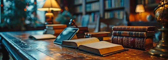 Naklejka premium In the courtroom, an attorney is using a tablet computer..