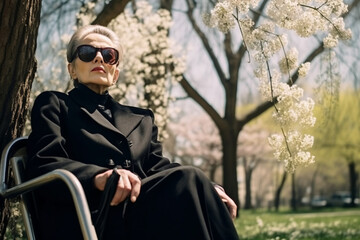 Fototapeta na wymiar An elderly blind woman in black is relaxing in a blooming spring garden