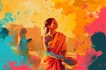 people dancing on the Holi holidays. bright colors of Holi paints as a background