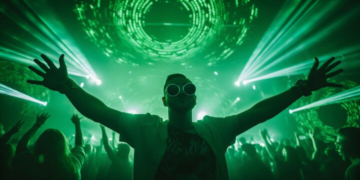 Ecstatic Male Raver with Arms Raised in Exuberance