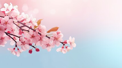 Fototapeta na wymiar Horizontal banner with pink cherry blossoms on bright background. Beautiful nature spring background with cherry blossom branch. Copy space for text - generative ai