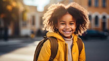 Portrait of a happy African American school girl with curly hair wearing a yellow jacket and backpack