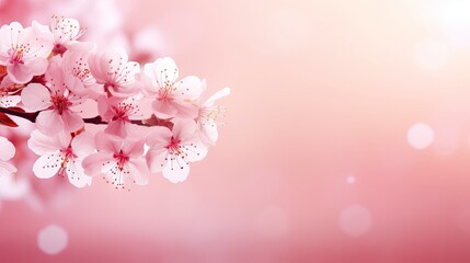 Fototapeta na wymiar Horizontal banner with pink cherry blossoms on bright background. Beautiful nature spring background with cherry blossom branch. Copy space for text - generative ai
