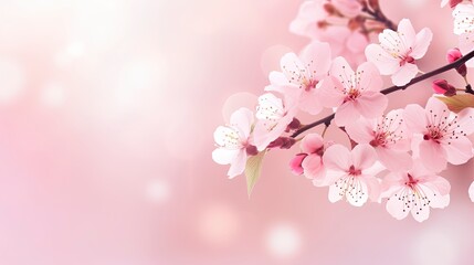 Horizontal banner with pink cherry blossoms on bright background. Beautiful nature spring background with cherry blossom branch. Copy space for text - generative ai