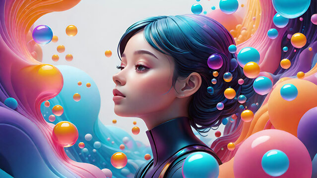 3d rendering of abstract background with colorful bubble liquid potrait beautiful woman 