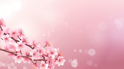 Obraz na płótnie Canvas Horizontal banner with pink cherry blossoms on bright background. Beautiful nature spring background with cherry blossom branch. Copy space for text - generative ai