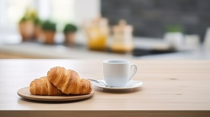 Morning Coffee and Croissants with Blurred Kitchen Backdrop