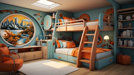 3D rendering of a childs bedroom with bunk beds and a large mural of a cityscape