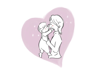 赤ちゃんを抱く女性とハートの水彩イラスト