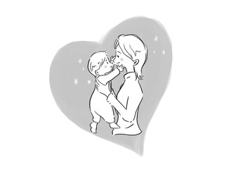 赤ちゃんを抱く女性とハートの白黒イラスト
