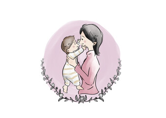 赤ちゃんを抱く女性と草花の水彩イラスト