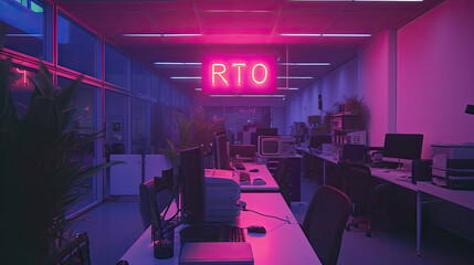 RTO - Return to Office mandate, written in neon sign letters. Banning work from home - obrazy, fototapety, plakaty