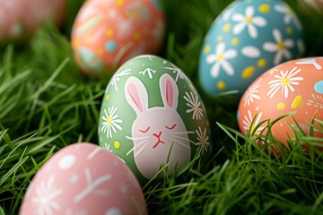 Close up view,  group of Colourful easter eggs with rabbit pattern for easter holiday on the grass.