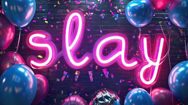 Slay, written in neon sign text, gen z slag